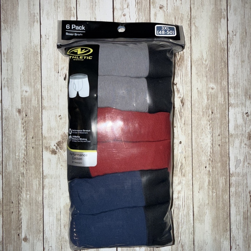 Athletic Works Men's 6-Pack Performance Cotton‎ Boxer Brief 3XL Moisture Wicking